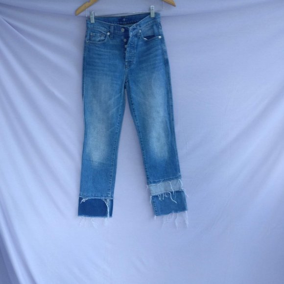 7fam Highrise Patchwork Raw hem Blue Jean 24w +MEASUREMENTS  Material: 98%Cotton - Picture 2 of 10